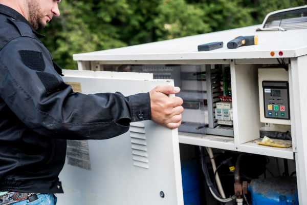 HVAC technician inspecting commercial HVAC control panel