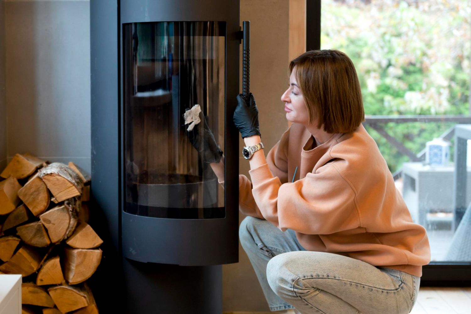 Woman cleaning glass fireplace door