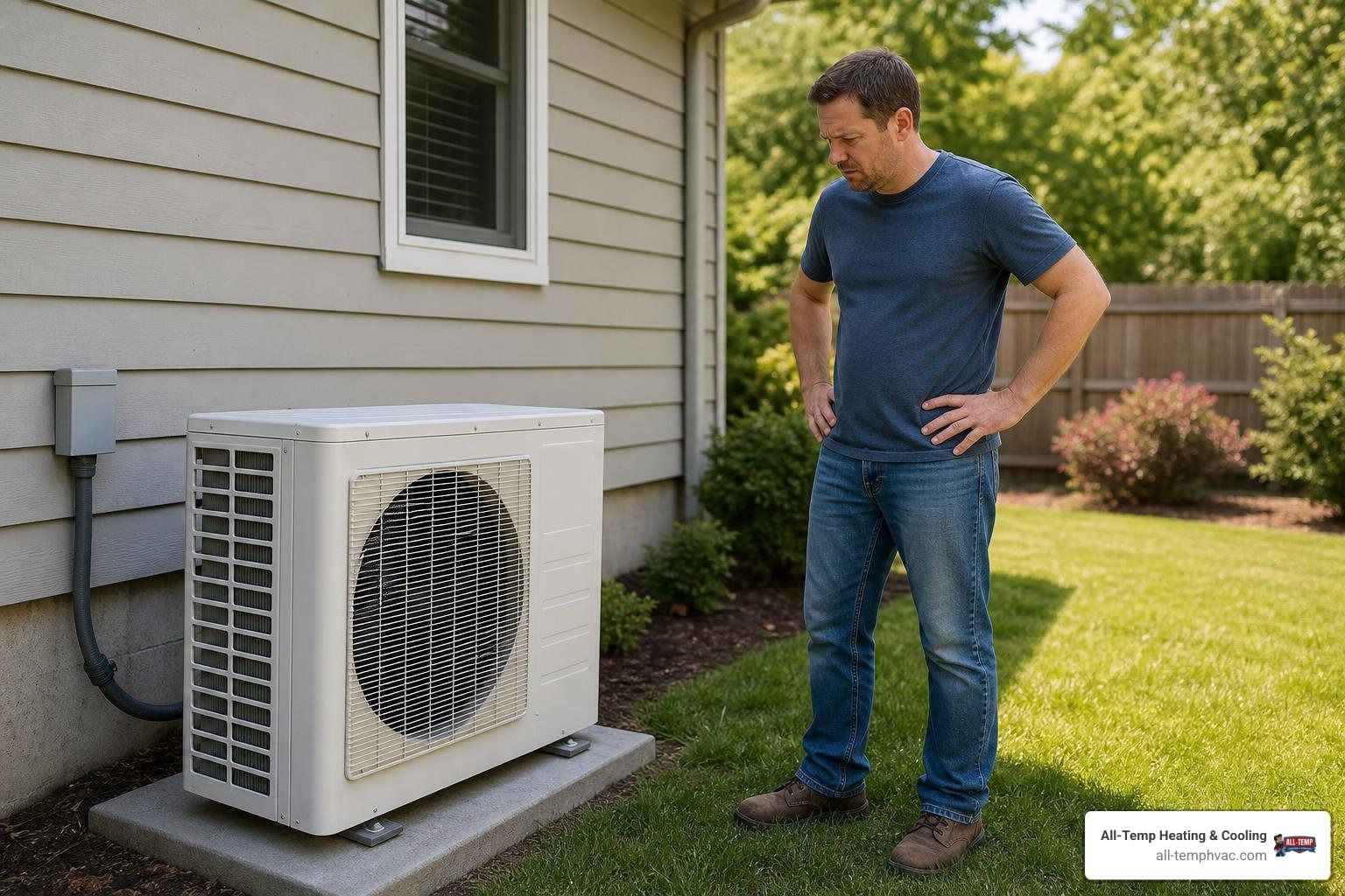 AC compressor not running homeowner inspecting outdoor unit