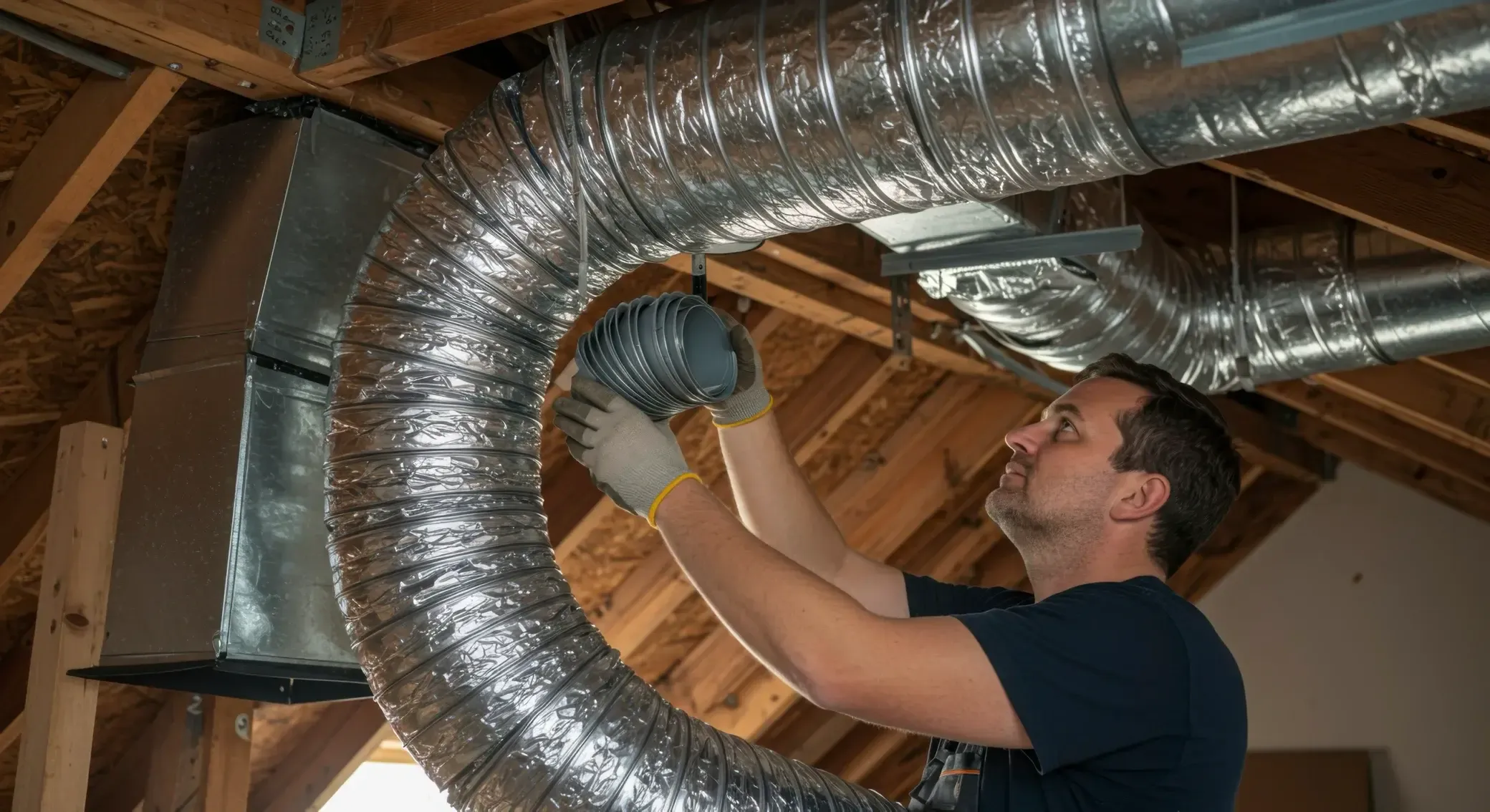 HVAC technician installing ductwork in the attic
