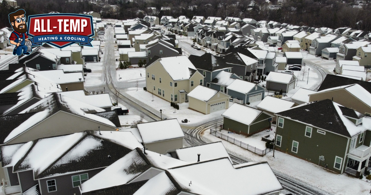 Snow-covered neighborhood aerial