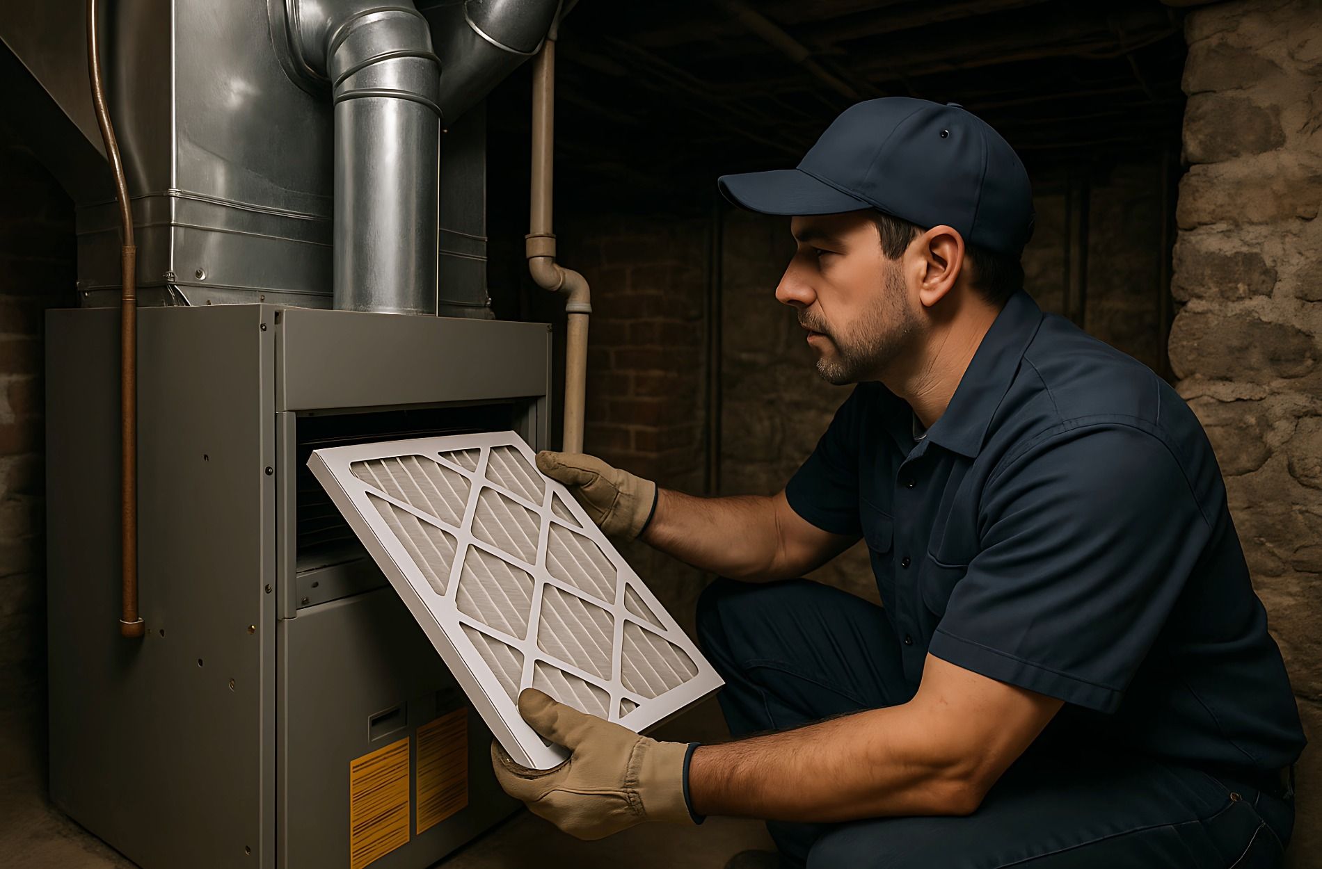 HVAC technician replacing furnace air filter